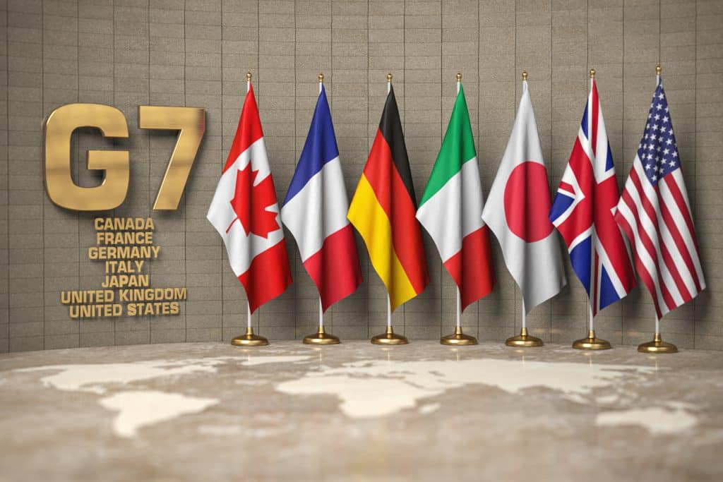 G7,Summit,Or,Meeting,Concept.,Row,From,Flags,Of,Members